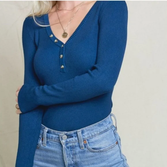 Teal Soft and Stretchy Ribbed Knit Long Sleeve Henley Top - Picture 1 of 11